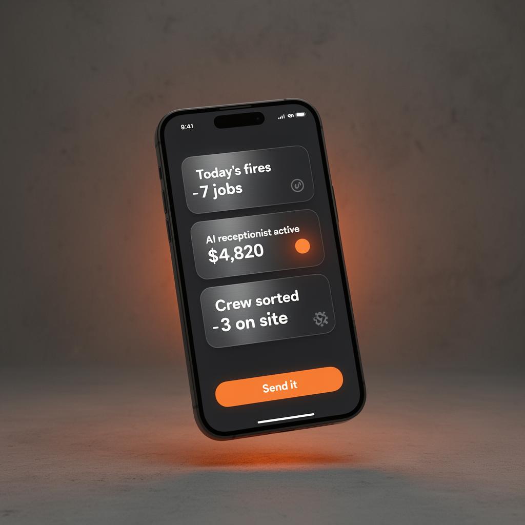 TradePilot mobile app showing today's jobs, AI receptionist, money waiting and crew status